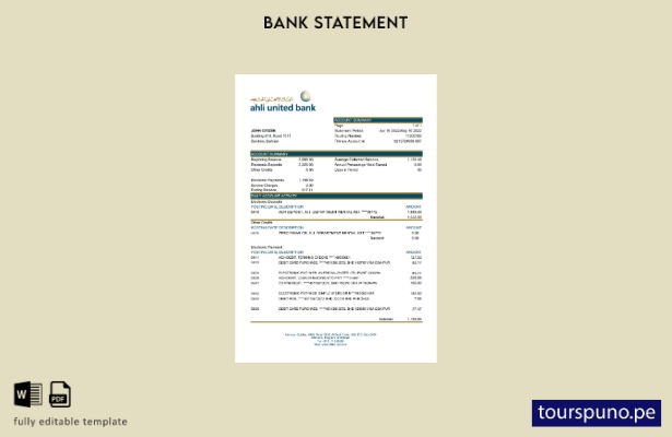 listo para imprimir plantilla de Excel de extracto de Bahrain Ahli United Bank